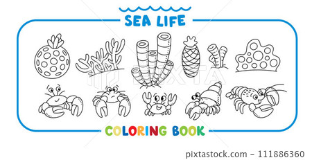 Crabs and corals. Sea theme. Big coloring book set. 111886360