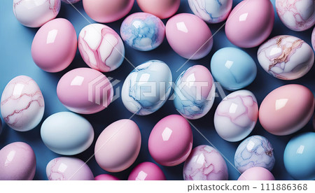 marble shiny pink eggs, smooth stone texture, top view, details are important, pastel pink color, blue background 111886368