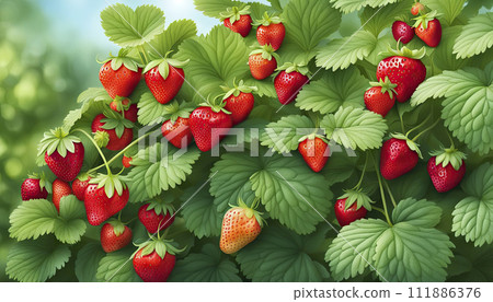 strawberry bush with green leaves and ripe juicy berries, realistic photo strawberry bush with green leaves and ripe juicy berries, realistic photo 111886376