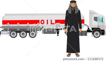 Saudi Arabic Man in Traditional National Clothes and Gasoline Truck in Flat Style. Vector illustration. 111886572