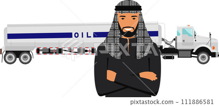 Saudi Arabic Man in Traditional National Clothes and Gasoline Truck in Flat Style. Vector illustration. 111886581