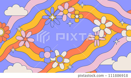 Hand drawn psychedelic groovy background with flowers, rainbows, clouds in 70s retro vivid colors. Vintage psychedelic sky frame. Vector contour cartoon illustration. 111886918