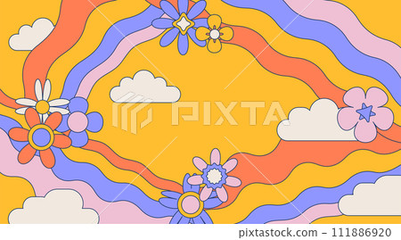 Retro groovy background with clouds. Daisy flowers and wavy rainbows frame. Bright colors, vintage cute vector illustration with abstract natural 60s hippie shapes. Retro groovy background with clouds. Daisy flowers and wavy rainbows frame. Bright colors, vintage cute vector illustration with abstract natural 60s hippie shapes. 111886920