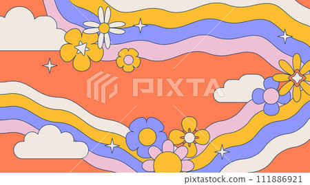 Retro distorted rainbow groovy background. Pastel colors, vintage cute frame with sky, clouds, flowers. Contour vintage vector illustration. Retro distorted rainbow groovy background. Pastel colors, vintage cute frame with sky, clouds, flowers. Contour vintage vector illustration. 111886921