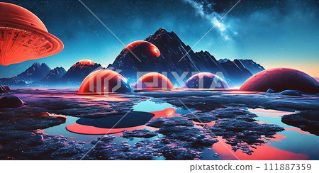 Space exploration images featuring advanced and space stations observing distant galaxies, black holes, and celestial phenomena in the cosmos. 111887359