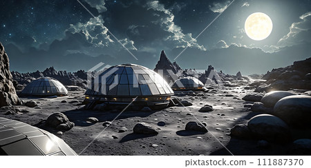 The lunar colony. Picture modular habitats, solar panels, lunar rovers exploring the rugged terrain. 111887370