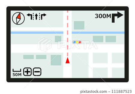 透過 GPS 接收位置並提供道路資訊和地圖指導的汽車導航系統插圖 111887523