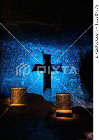 Magnificent cross glows with spiritual light in famous underground Catedral de Sal (Salt Cathedral) of Zipaquira, Colombia Magnificent cross glows with spiritual light in famous underground Catedral de Sal (Salt Cathedral) of Zipaquira, Colombia 111887578