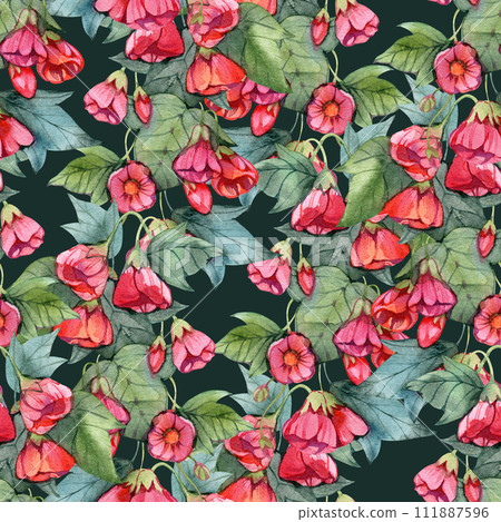 Watercolor seamless art abutilon flowers. Seamless pattern, digital paper, fabric design, surface design 111887596