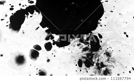 Macro Shot of Black Ink Drops Isolated on White Background 111887794