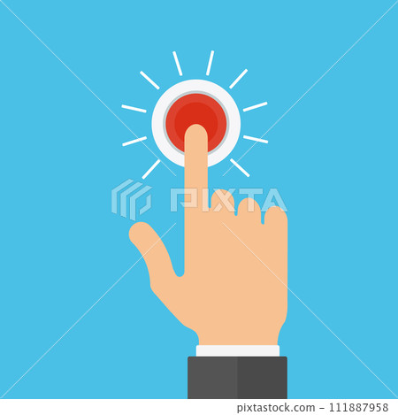 Finger Pressing Red Button On Blue Background 111887958