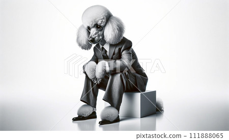 A toy poodle dog wearing a suit who is depressed after failing at work 111888065