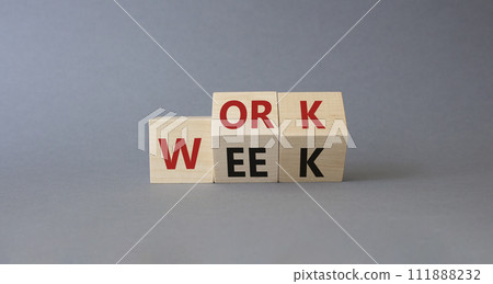 Work Week symbol. Turned wooden cubes with words Work Week. Beautiful grey background. Business and Work Week concept. Copy space 111888232