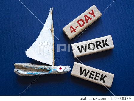4-day work week symbol. Concept words 4-day work week on wooden blocks. Beautiful deep blue background with boat. Business and 4-day work week concept. Copy space 111888329