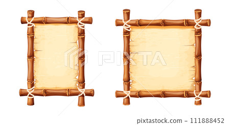 Set Bamboo frames with old parchment paper decorated with rope isolated on white background. Game ui board, sign Set Bamboo frames with old parchment paper decorated with rope isolated on white background. Game ui board, sign 111888452