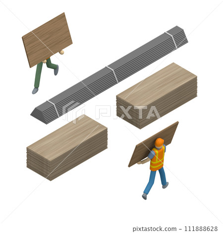 工人和建築材料。建築工地的合作與效率 工人和建築材料。建築工地的合作與效率 111888628