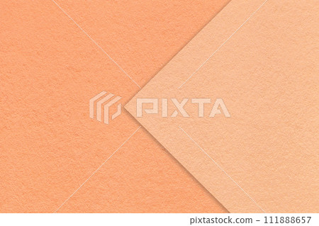 Color of the year 2024. Texture of coral paper background, half two colors with peach fuzz arrow, macro. Color of the year 2024. Texture of coral paper background, half two colors with peach fuzz arrow, macro. 111888657