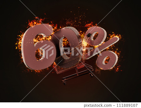 Burning shopping cart and red sixty percentage discount sign. 3D illustration 111889107