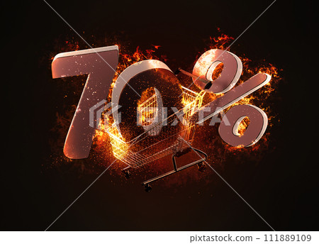 Burning shopping cart and red seventy percentage discount sign. 3D illustration 111889109