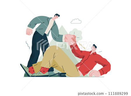 Mutual Support: Helping a fallen person get up -modern flat vector concept illustration of man assisting another man to stand up A metaphor of voluntary, collaborative exchanges of resource, services Mutual Support: Helping a fallen person get up -modern flat vector concept illustration of man assisting another man to stand up A metaphor of voluntary, collaborative exchanges of resource, services 111889299
