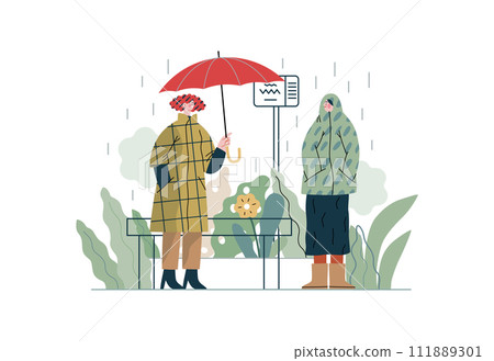 Mutual Support: Offer an umbrella to a stranger -modern flat vector concept illustration of a at a bus stop in the rain offering an umbrella A metaphor of voluntary, collaborative exchanges Mutual Support: Offer an umbrella to a stranger -modern flat vector concept illustration of a at a bus stop in the rain offering an umbrella A metaphor of voluntary, collaborative exchanges 111889301