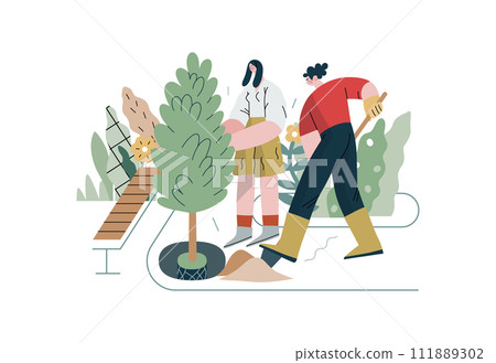 Mutual Support: Community yard improvement -modern flat vector concept illustration of people planting trees and plants A metaphor of voluntary, collaborative exchanges of resource, services 111889302