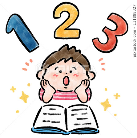 Hand-drawn illustration of a smiling boy having fun studying numbers Hand-drawn illustration of a smiling boy having fun studying numbers 111889327
