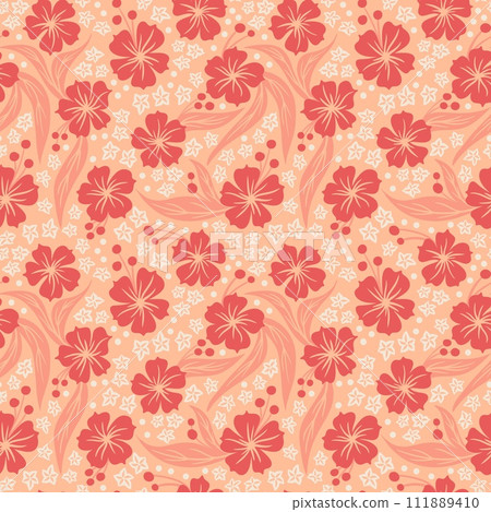 Hand drawn seamless pattern with floral flowers. Peach fuzz apricot orange ornament, simple retro pastel garden print with vintage ditsy elements. Color of the year design, trendy fabric background.. 111889410