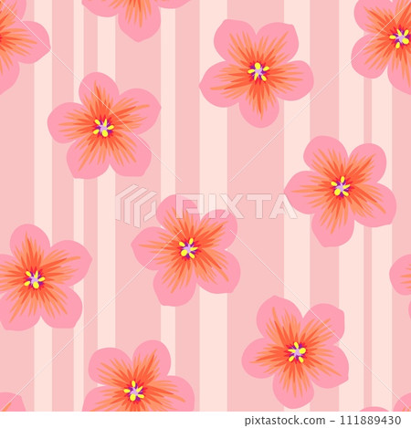 Hand drawn seamless pattern with floral flowers. Peach fuzz apricot orange ornament, simple retro pastel garden print with vintage ditsy elements. Color of the year design, trendy stripes. Hand drawn seamless pattern with floral flowers. Peach fuzz apricot orange ornament, simple retro pastel garden print with vintage ditsy elements. Color of the year design, trendy stripes. 111889430
