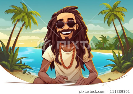 AI-generated content. rasta man on the beach funny cartoon illustration 111889501