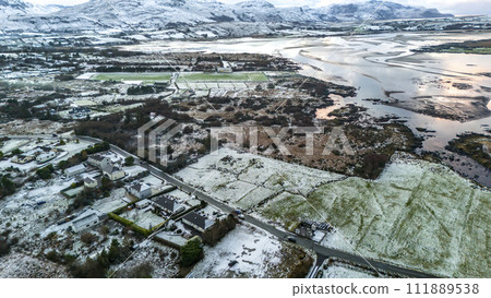 Aerial view of a snow covered Ardara in County Donegal - Ireland Aerial view of a snow covered Ardara in County Donegal - Ireland 111889538