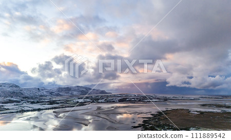 Aerial view of a snow covered Ardara in County Donegal - Ireland Aerial view of a snow covered Ardara in County Donegal - Ireland 111889542