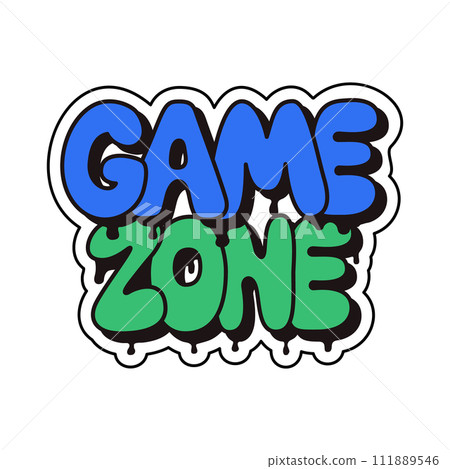 Bubble street style lettering. Text Game zone with patches of paint. Trendy 90s style concept on white background. Suitable for printout, t shirt print, textile, signboard Bubble street style lettering. Text Game zone with patches of paint. Trendy 90s style concept on white background. Suitable for printout, t shirt print, textile, signboard 111889546