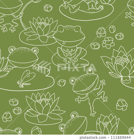 Little frogs outline on green background. Hand drawn cartoon style seamless pattern 111889844