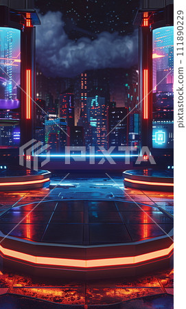 AI-generated content. Sci-Fi Quiz Show Set in a Neon-Lit Studio with Advanced Technology Features AI-generated content. Sci-Fi Quiz Show Set in a Neon-Lit Studio with Advanced Technology Features 111890229