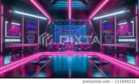 AI-generated content. Sci-Fi Quiz Show Set in a Neon-Lit Studio with Advanced Technology Features AI-generated content. Sci-Fi Quiz Show Set in a Neon-Lit Studio with Advanced Technology Features 111890231