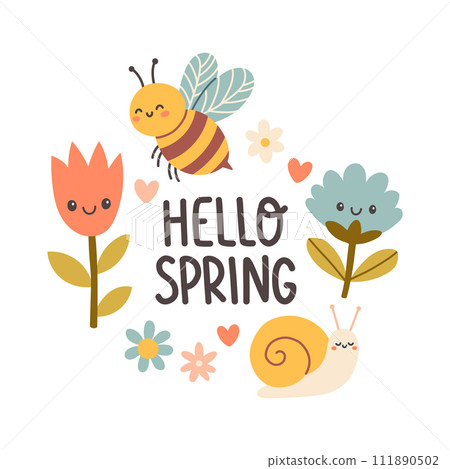 Hello spring quotes. Floral springtime hand drawn prints design. Positive phrases for stickers, postcards or posters Hello spring quotes. Floral springtime hand drawn prints design. Positive phrases for stickers, postcards or posters 111890502