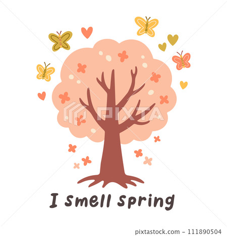 Hello spring quotes. Floral springtime hand drawn prints design. Positive phrases for stickers, postcards or posters Hello spring quotes. Floral springtime hand drawn prints design. Positive phrases for stickers, postcards or posters 111890504