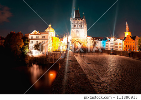 Long exposure shot of Charles Bridge in Prague at the blue hour Long exposure shot of Charles Bridge in Prague at the blue hour 111890913