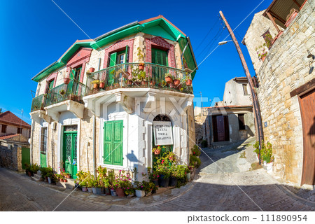 Authentic colorful mediterranean street in the village of Arsos. Limassol District, Cyprus 111890954