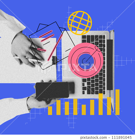 Laptop, mobile phone and analytics. Visual aid for online courses teaching effective social media strategies. Contemporary art collage. Laptop, mobile phone and analytics. Visual aid for online courses teaching effective social media strategies. Contemporary art collage. 111891045