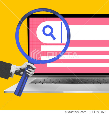 Digital marketing services promotion, emphasizing SEO and online search visibility. Hand with magnifying glass over laptop screen with search bar. Contemporary art collage. Digital marketing services promotion, emphasizing SEO and online search visibility. Hand with magnifying glass over laptop screen with search bar. Contemporary art collage. 111891078