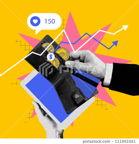 Promotional targeting for social media page popularity. Spending money on ad and align analytical researches. Contemporary art collage. Promotional targeting for social media page popularity. Spending money on ad and align analytical researches. Contemporary art collage. 111891081