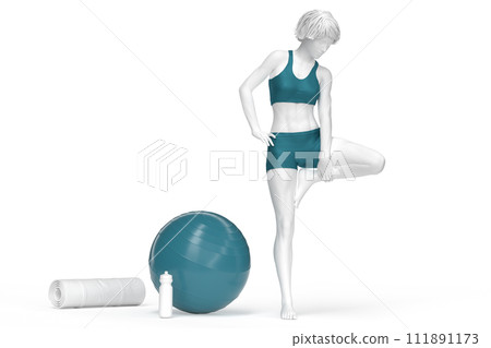 Woman setting-up a yoga Tree pose. 3D illustration 111891173