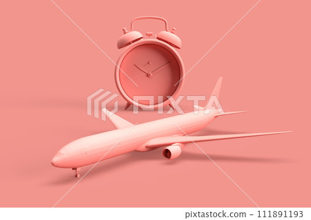 Clos-up of alarm clock and airplane as a travel concept 111891193