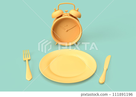 Composition with alarm clock, plate and utensils 111891196
