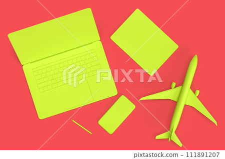 Minimalistic composition with laptop, mobile phone and airplane model as a travel concept 111891207