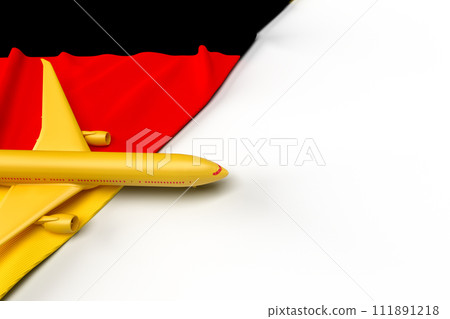 Passenger airplane and flag of Germany. 3D illustration Passenger airplane and flag of Germany. 3D illustration 111891218