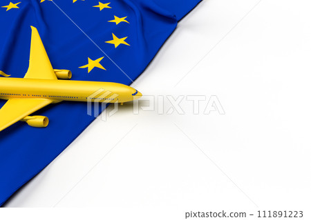 Passenger airplane and flag of European Union. 3D illustration 111891223