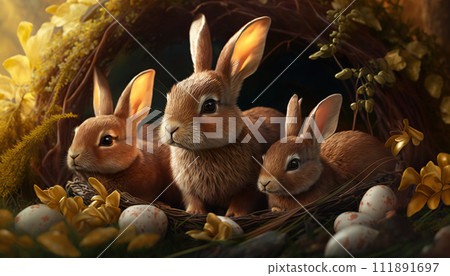 AI-generated content. Easter Bunnies with Decorated Eggs 111891697